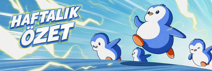 The image features four animated blue penguins leaping against a dynamic lightning-filled sky background, with bold Turkish text reading "HAFTALIK ÖZET" (Weekly Summary), serving as a vibrant header banner for the week's crypto news recap.