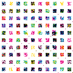 A grid of colorful pixel art icons or sprites featuring various symbols and characters in different colors including red, green, blue, and yellow.