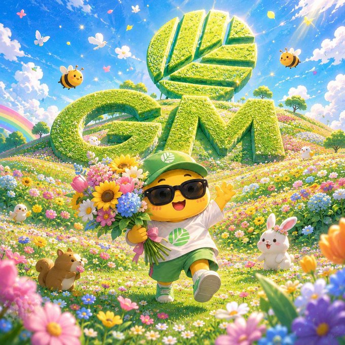 A colorful illustration of a cheerful cartoon mascot wearing sunglasses and a green cap, running through a vibrant flower field with 'GM' spelled out in grassy letters.