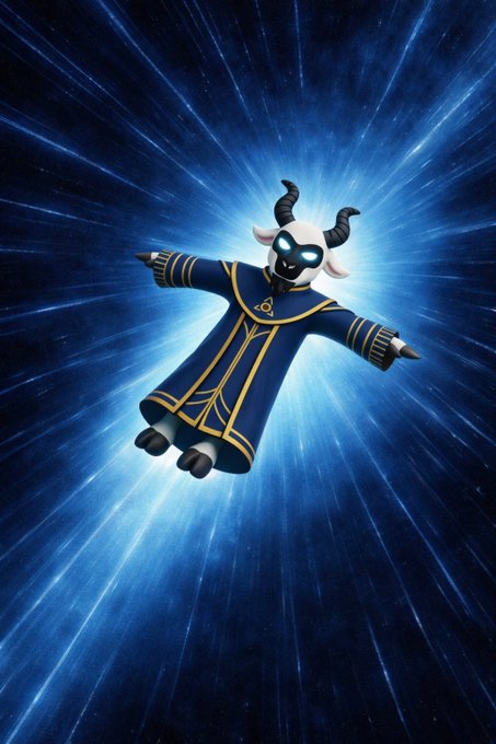 A 3D rendered character of a goat-like figure in a blue and gold robe with glowing blue eyes, floating against a dynamic blue starburst background.