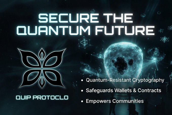 A promotional graphic for "QVIP PROTOCOL" with the headline "SECURE THE QUANTUM FUTURE" lists features like "Quantum-Resistant Cryptography," "Safeguards Wallets & Contracts," and "Empowers Communities" next to a glowing digital skull.