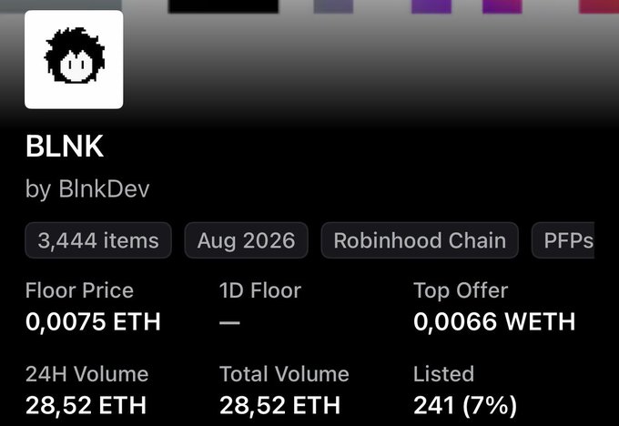 An NFT collection page displays "BLNK" by BlnkDev with 3,444 items on Robinhood Chain (Aug 2026, PFPs), showing a floor price of 0.0075 ETH, top offer of 0.0066 WETH, and 28.52 ETH in volume.