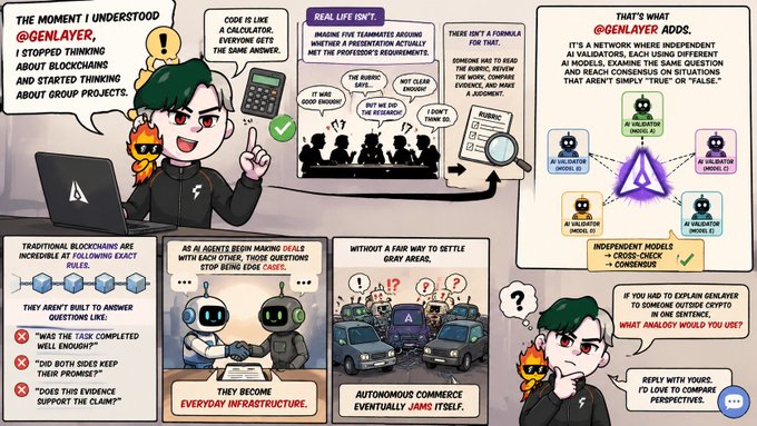 A comic illustration explaining GenLayer's approach to AI consensus, where a green-haired character compares traditional blockchains (with fixed rules like "the task completed" and "did both sides keep their promise") to real-life disputes that require independent AI validators examining different models to reach consensus, accompanied by @GenLayer's branding and the caption "That's what @GenLayer adds."