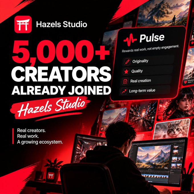 A promotional graphic for 'Hazels Studio' advertises '5,000+ CREATORS ALREADY JOINED' and highlights the 'Pulse' rewards system focused on originality and quality.