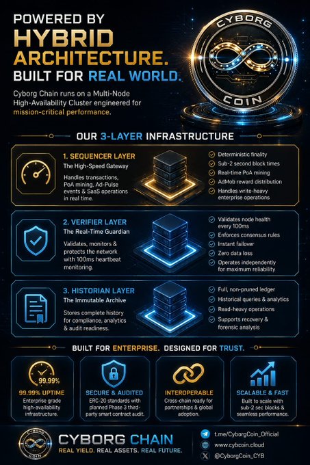 Infographic for 'CYBORG CHAIN' titled 'POWERED BY HYBRID ARCHITECTURE. BUILT FOR REAL WORLD.' detailing a 3-layer infrastructure (Sequencer, Verifier, Historian layers) with 99.99% uptime claims and links to t.me/CyborgCoin_Official and X @CyborgCoin_CYB.