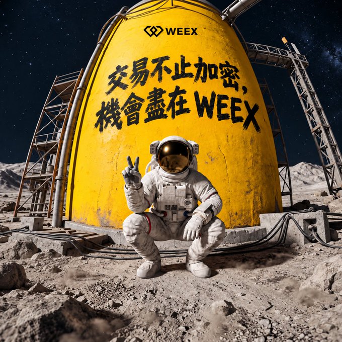 An astronaut in a spacesuit squatting and giving a peace sign on a lunar-like surface in front of a yellow dome labeled 'WEEX' with Chinese text '交易不止加密, 機會盡在WEEX'.