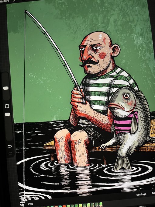 A digital illustration of a bald man with a mustache wearing a striped shirt, sitting in water while holding a fishing rod and a large fish wearing a pink-striped bikini top.