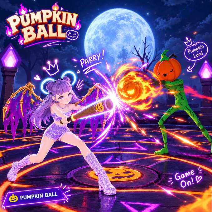 Vibrant promotional artwork for a game called 'PUMPKIN BALL' depicts an anime-style character in purple parrying a flaming ball attack from a character called 'Pumpkin Lord' under a full moon.