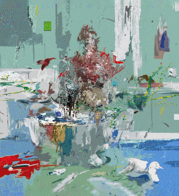 An abstract, glitchy digital artwork depicting a seated figure in a room with a small white dog on the floor, rendered with splattered paint effects and distorted imagery.