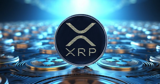 A close-up 3D render of an XRP cryptocurrency coin standing upright among stacks of other coins in a blue-lit setting.