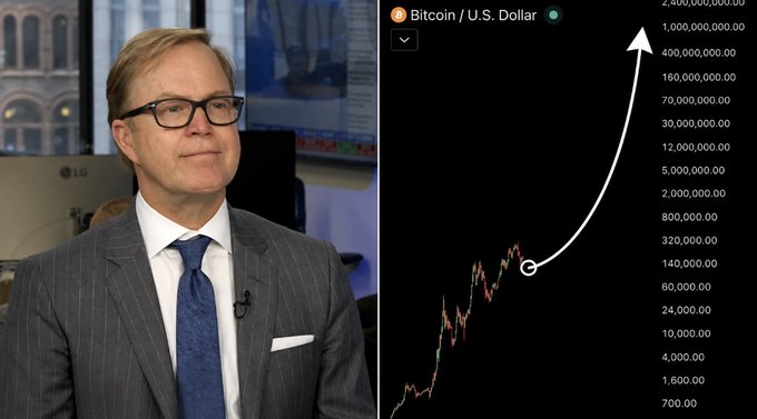 A man in a pinstripe suit and glasses, identified in context as Fidelity's Jurrien Timmer, stands beside a Bitcoin/U.S. Dollar chart showing a steep projected price curve rising toward the $1 billion mark per coin. The graphic illustrates the bold prediction highlighted in the post, which questions the feasibility of Bitcoin reaching such an astronomical valuation.