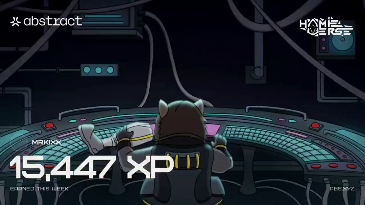 The image features a cartoon character sitting at a computer desk with a keyboard and mouse. The character appears to be wearing a helmet and has a cat sticker on their chest. The background of the image shows a dark room, which contrasts with the colorful cartoon elements in the foreground. The caption for the image reads "I'M Earned 1547 XP In This Week, Less from expected but this is part of Crypto, But looking cool in @hamieverse xp card."