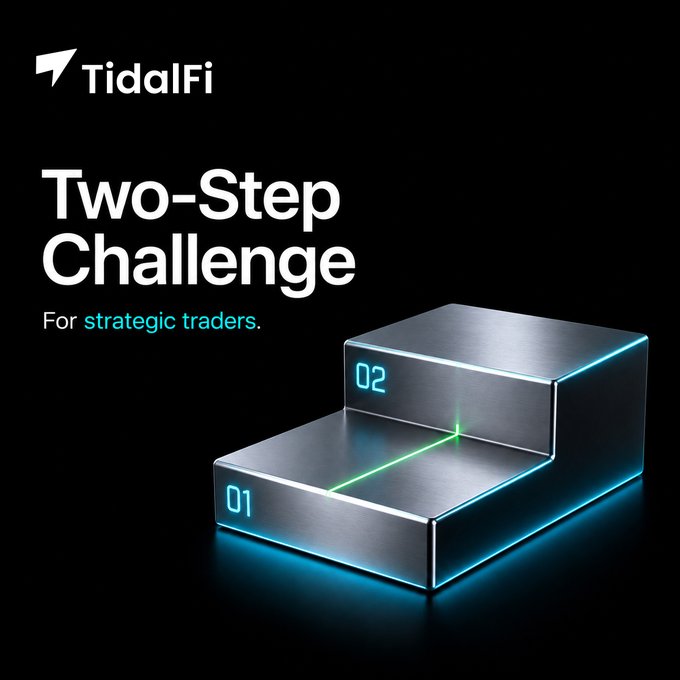 A promotional graphic for TidalFi advertising a "Two-Step Challenge" for strategic traders, featuring a metallic step block with glowing green and blue numbers "01" and "02".