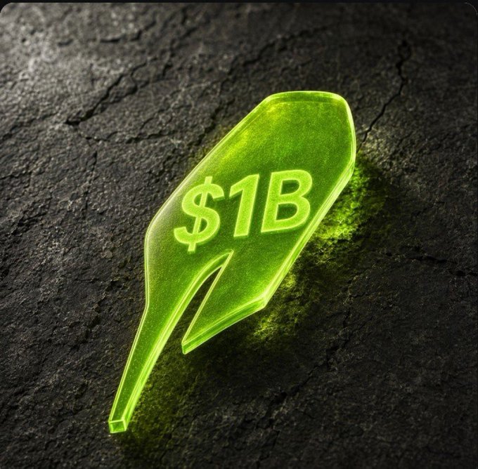 A glowing green neon price tag or pointer icon displays "$1B" in bold text, resting on a dark cracked surface, symbolizing the billion-dollar valuation milestone the post is asking Robinhood memecoins to reach.