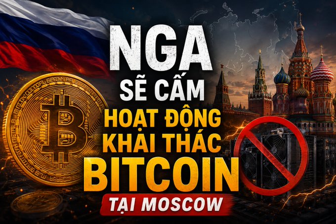 A Vietnamese news graphic reading "NGA SẼ CẤM HOẠT ĐỘNG KHAI THÁC BITCOIN TẠI MOSCOW" featuring a Russian flag, a Bitcoin coin, and a mining rig with a prohibition symbol.