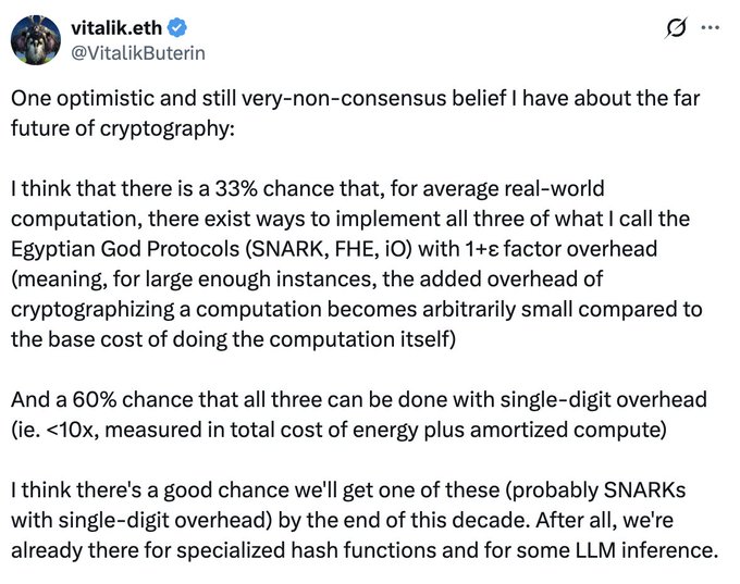 Vitalik Buterin (@VitalikButerin) shares his optimistic forecast that there is a 33% chance SNARKs, FHE, and iO can be implemented with 1+ε overhead, and a 60% chance they achieve single-digit (<10x) overhead by the end of the decade.