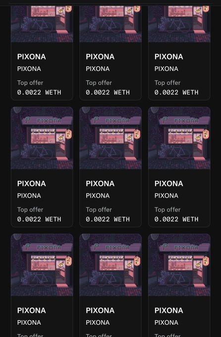 A grid of nine NFT listings for the "PIXONA" collection on a marketplace, each showing an identical image of a pink "PIXONA" storefront with a top offer of 0.0022 WETH. The repetition of the listings visually emphasizes the poster's claim of sweeping multiple floor items, bringing their Pixona Org holdings to nine.