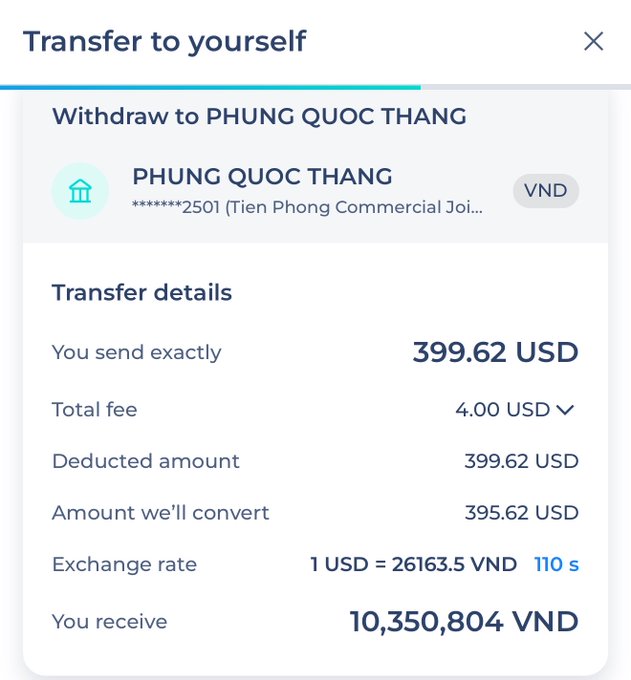 A 'Transfer to yourself' screen showing a withdrawal to PHUNG QUOC THANG's account ending in 2501 (Tien Phong Commercial Joint Stock Bank) in VND, with a transfer of exactly 399.62 USD, total fee of 4.00 USD, exchange rate of 1 USD = 26163.5 VND, and a final amount of 10,350,804 VND received.