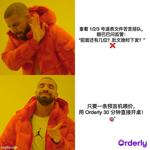 The image is a Drake meme contrasting disapproval with approval: the top panel rejects waiting in long regulatory queues for approval of crypto-stock products, while the bottom panel endorses Orderly, stating it only takes a few phrases/inputs to launch a perpetual futures contract in 30 minutes, with the Orderly logo displayed at the bottom right.