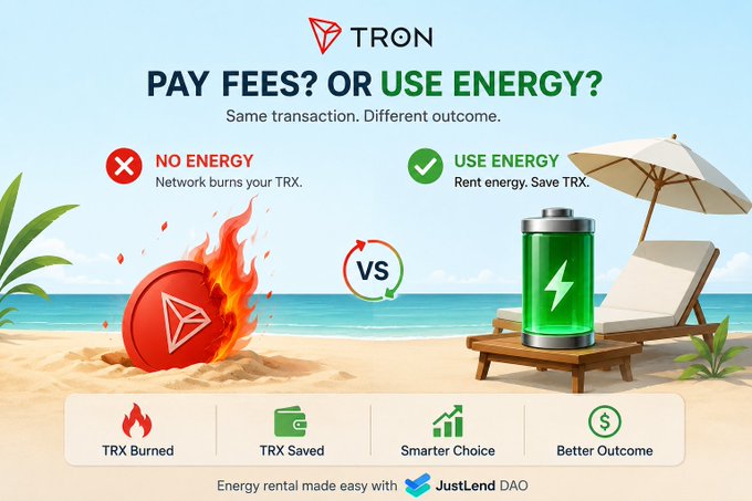 A TRON promotional graphic titled 'PAY FEES? OR USE ENERGY?' contrasts burning TRX (a flaming red TRX coin) with renting energy (a green battery on a beach lounge), branded with JustLend DAO and icons for 'TRX Burned,' 'TRX Saved,' 'Smarter Choice,' and 'Better Outcome.'
