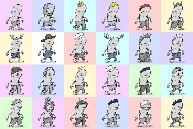 A 4x6 grid of illustrated walking mummy characters with various accessories including a crown, hard hat, cowboy hat, angel wings, beret, horns, headphones, beret, and other items against pastel-colored backgrounds.