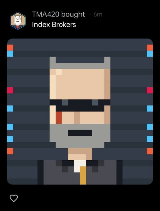 Screenshot of a post from user TMA420 announcing they 'bought Index Brokers', featuring a pixel art avatar of a bearded man with sunglasses against a striped background.