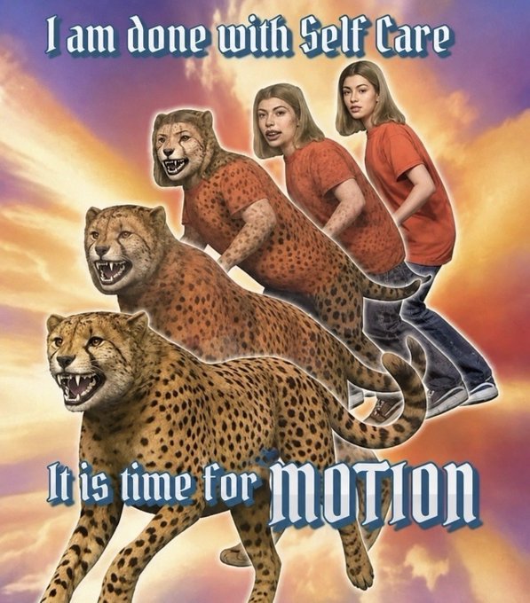 A meme featuring cheetahs photoshopped with women's bodies in red shirts against a sunset background, with text reading 'I am done with Self Care' at the top and 'It is time for MOTION' at the bottom.
