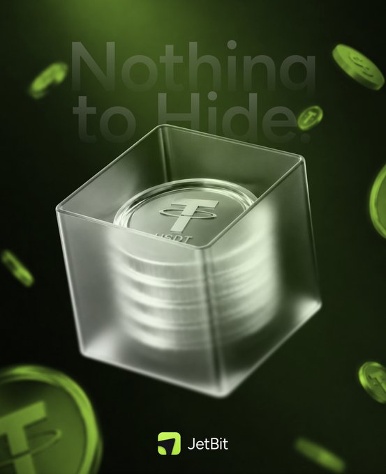 A clear, transparent cube holds a stack of USDT coins against a dark green background with floating Tether tokens, captioned "Nothing to Hide." The JetBit branding reinforces the message of verifiable, on-chain asset backing through visual transparency.