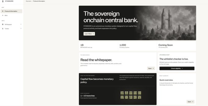 A screenshot of the STANDARD Protocol webpage describing itself as 'The sovereign onchain central bank,' featuring sections like 'Read the whitepaper,' '1B Rehypothecated cash up,' and '1,000 Touching Choices.'