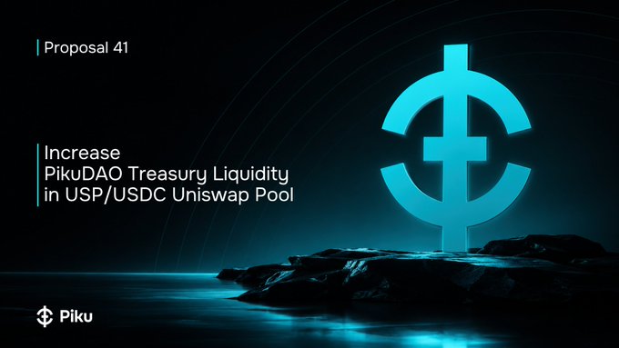 The image features a blue logo with an arrow pointing towards a rock formation that says "Proposal 41" at its center, surrounded by water. The text above the logo reads "Proposal 41 is live. This proposal seeks approval to increase PikuDAO Treasury liquidity in the USP/USDC Uniswap pool with an additional 10,000 USDC allocation." Below this information, there are two lines of text that read "Focus on what is in the image and how it relates to the post".