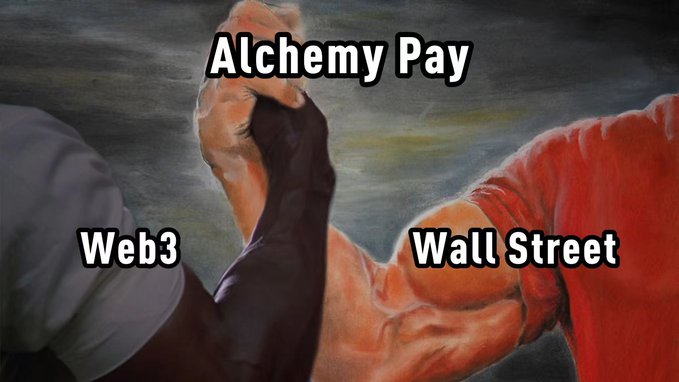 The image features a graphic design of two men shaking hands over a banner that says "Alchemy Pay" above them, with "Wall Street" below. The text also mentions "Web 3" and "Fiat meets tokenized RWAs." This suggests that the image is related to the post about Alchemy Pay and Wall Street, possibly discussing how Web 3 can bridge the gap between fiat currency and tokenized RWA systems in the financial world.