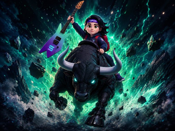 A digital artwork featuring a cartoon child wearing a cap labeled 'OPOS' riding a glowing-eyed black bull while wielding a purple electric guitar amid floating rocks.