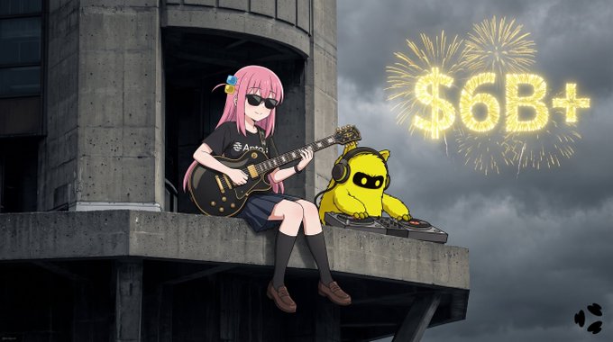 A pink-haired anime girl in sunglasses plays an electric guitar alongside a yellow robot mascot on a concrete ledge, with sparkling fireworks forming "$6B+" in the sky above them, illustrating DecibelTrade's milestone of surpassing $6 billion in total trading volume on Aptos.