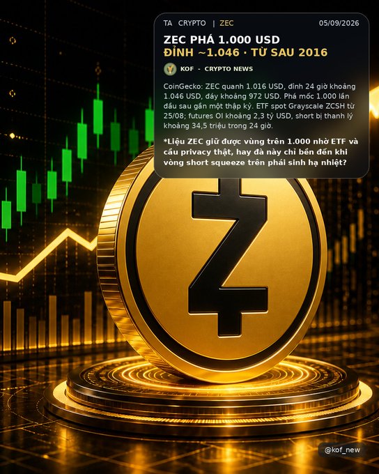 A golden Zcash (ZEC) cryptocurrency coin displayed against a background of green trading candlesticks, with a KOF crypto news post discussing ZEC's price peak of 1,046 USD since 2016.