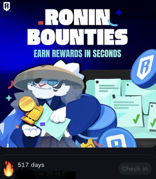 The image features a cartoon cat wearing a hat, holding a golden coin, and standing next to a pile of papers with checkmarks. The text above the cat reads "RONIN BONTIES Earn rewards in seconds", while below the cat there is a message that says "Check In". The post also mentions that there are 517 days left for completing the task.