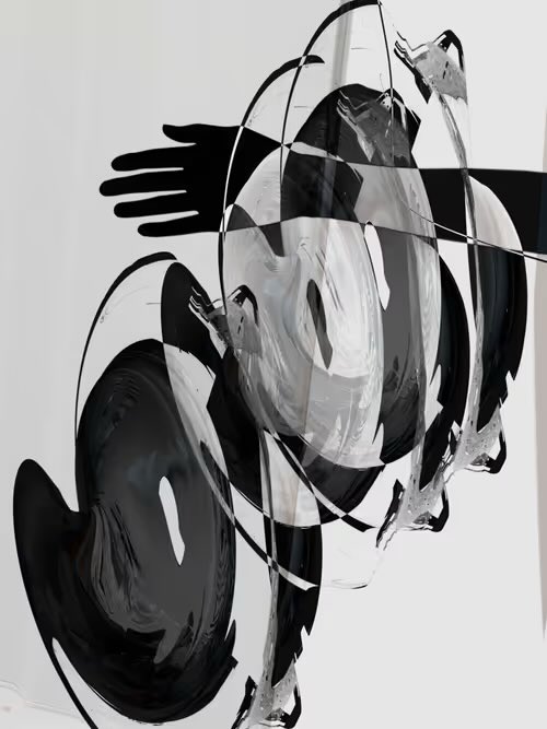 An abstract painting featuring distorted black and white shapes including a checkered pattern, a black hand reaching outward, and curved organic forms against a light gray background.