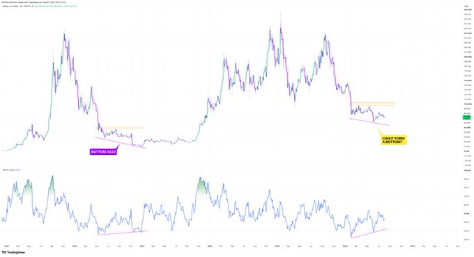 A TradingView chart of Solana (SOL) on the weekly timeframe displays two annotated scenarios: a past "BOTTOM 22/23" marked by a lower-low trendline that preceded a major rally, and a current setup labeled "CAN IT FORM A BOTTOM?" where price is testing a similar descending trendline, suggesting potential for a historical price action rhyme. The RSI indicator below shows comparable oversold conditions at both bottoming points.