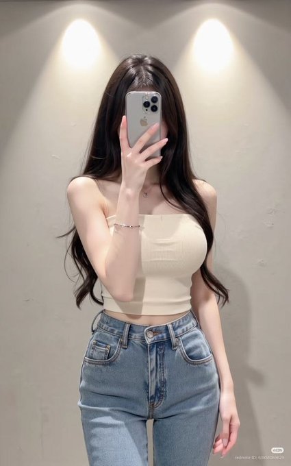 A young woman with long dark hair takes a mirror selfie wearing a cream strapless top and high-waisted jeans, capturing a moment of personal balance amid crypto trading. The image visually echoes the post's message of maintaining a steady, well-rounded life beyond market fluctuations.