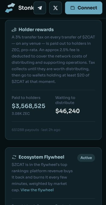 A mobile screenshot from the Stonk app showing Holder rewards information, noting a 3% transfer tax on $ZCAT with $3,568,525 paid to holders and $46,240 waiting to distribute.
