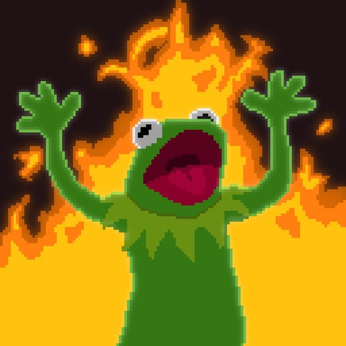 A pixel art animation of Kermit the Frog screaming with arms raised against a backdrop of bright orange and yellow flames.