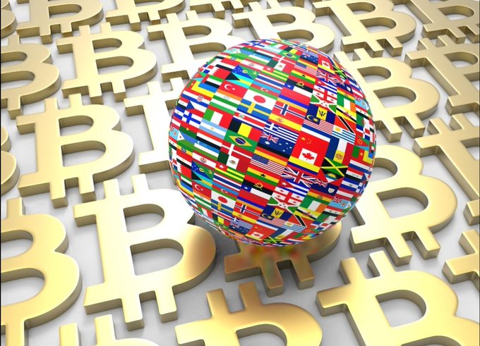 A gold Bitcoin symbol-patterned floor surrounds a globe wrapped in colorful national flags, illustrating the post's message that sovereign and institutional adoption of Bitcoin is expanding rapidly across countries worldwide in 2026.