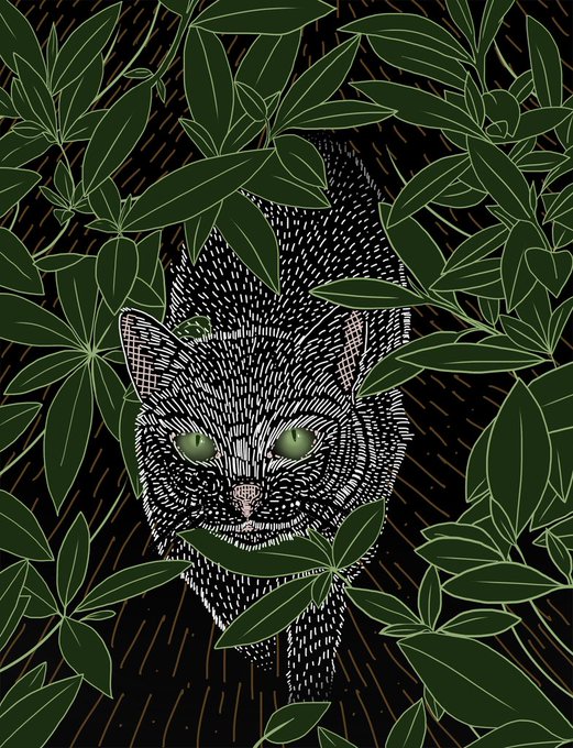 The image features a cat with green eyes, looking out from behind some leaves. The cat appears to be walking through the foliage, giving the impression that it's exploring or hiding within the plant-filled area. The background of the image is dark, which contrasts with the lighter elements in the foreground and adds depth to the scene.