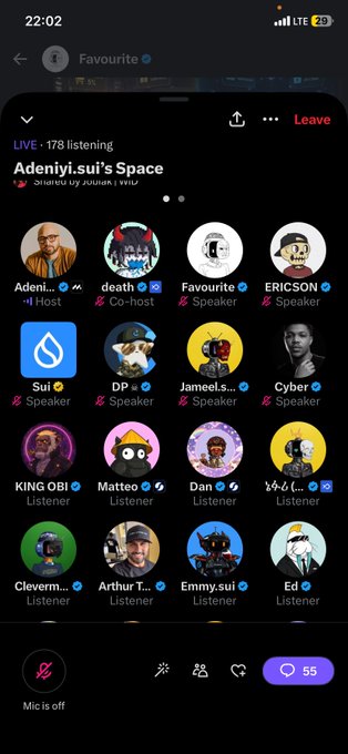 A mobile app screenshot of a live audio chat room titled 'Adeniyi.sui's Space' showing 178 listeners, featuring profile pictures for hosts Adeni, death, and ERICKSON, along with various speakers and listeners, with a mic-off button and 55 participants shown at the bottom.