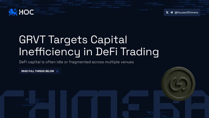 The image features a screenshot of a website called "HOC" that displays an abstract background composed of blue and black colors. The main content of the image includes a logo with a small black circle placed above text, which reads "GVT targets capital inefficency in defi trading". There is also another line of white text below the logo stating "DeFi trading still suffers from one core inefficiency Capital sits idle or gets fragmented across venues. @grvt_io is trying to solve this with a hybrid exchange model that turns one deposit into actively working capital across trading + yield." The website's main focus appears to be on explaining the concept of capital inefficiencies within the defi trading space, as well as suggesting potential solutions for these issues.
