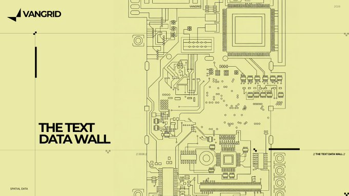 A graphic design on a beige background featuring intricate circuit board-style line art with the "VANGRID" logo and the text "THE TEXT DATA WALL" alongside various technical markings.