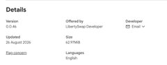 A details panel for software version 0.0.46, offered by "LibertySwap Developer" via Email, updated 26 August 2026, with a size of 62.97MB supporting English.