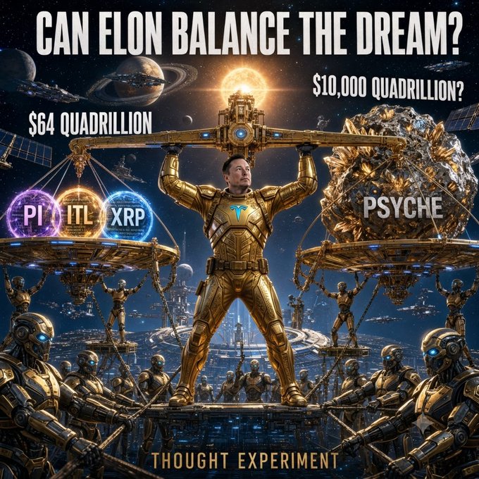 A sci-fi meme titled 'CAN ELON BALANCE THE DREAM?' depicts Elon Musk as a golden figure balancing a scale with '$64 QUADRILLION' in cryptocurrencies (PI, ITL, XRP) on one side and '$10,000 QUADRILLON' in 'PSYCHE' asteroid value on the other, labeled 'THOUGHT EXPERIMENT'.