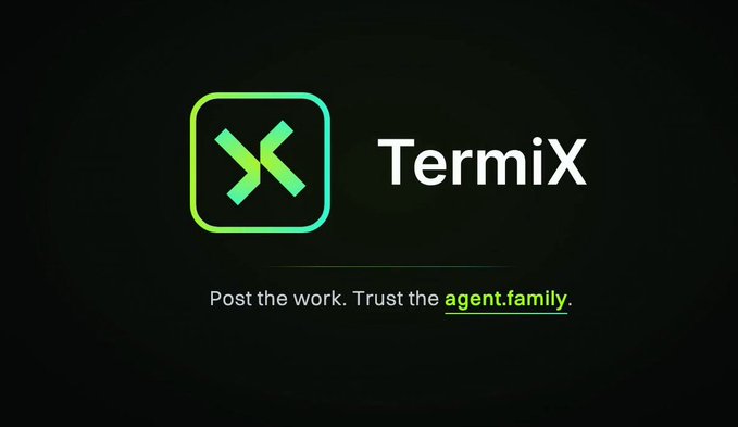 A dark branding screen for 'TermiX' with a green geometric X logo and tagline 'Post the work. Trust the agent.family.'