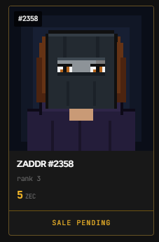A pixel art profile for 'ZADDR #2358' with rank 3 and a price of 5 ZEC, marked as 'SALE PENDING'.