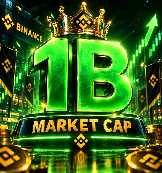 A 3D-rendered graphic displays a golden '1B' topped with a crown, a 'BINANCE' logo, and a 'MARKET CAP' base, set against a green cityscape with a rising stock chart arrow.